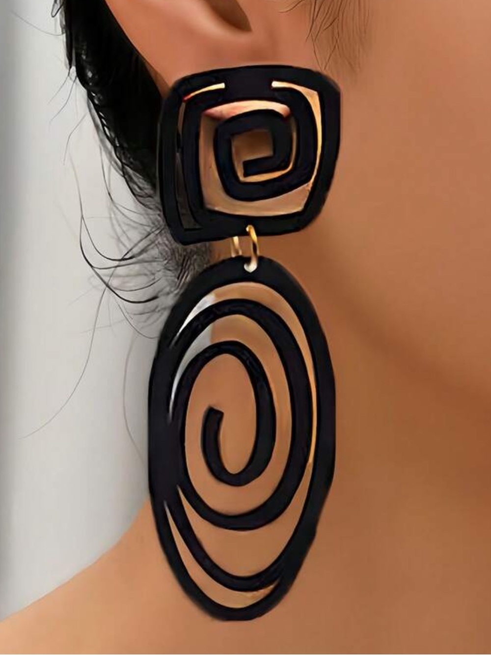 Black Spiral Drop Statement Earrings - Picture 2 of 3